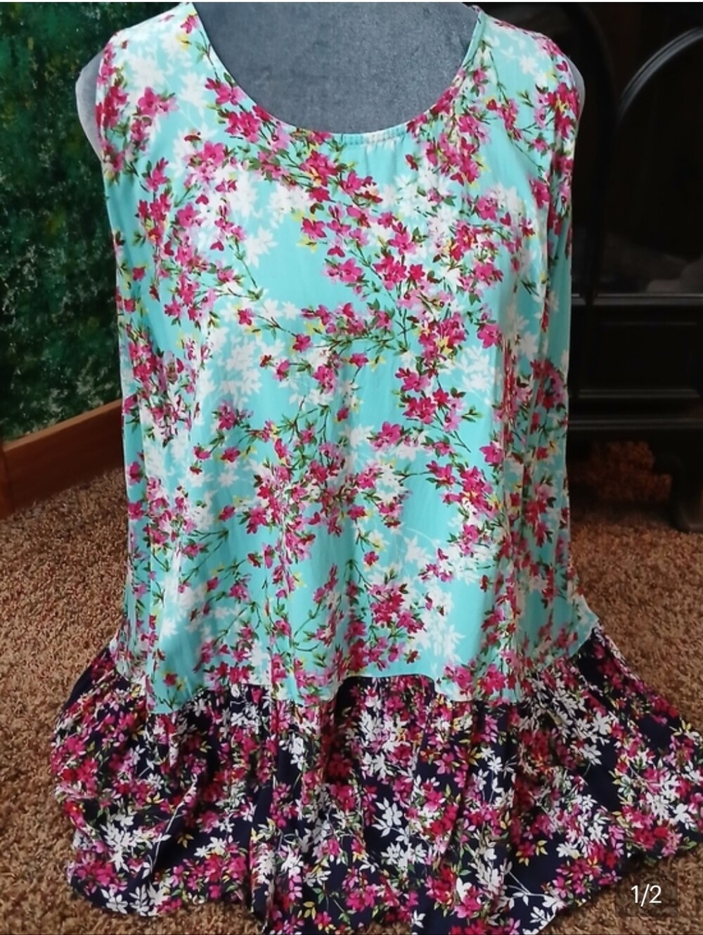 Avenue Aqua & Navy Floral Tiered Sleeveless Tunic - Picture 3 of 3